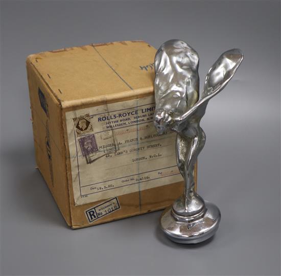 A Rolls Royce chrome plated Spirit of Ecstasy car mascot, in original delivery box dated 1952 height 18cm